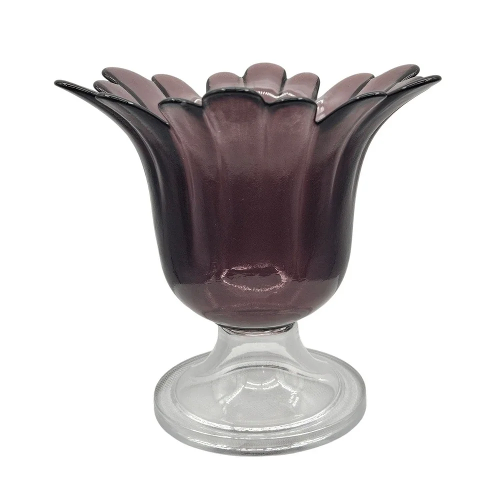 Vintage Amethyst Purple Art Glass Tulip Vase‎ Scalloped Petal Rim Clear Base 7in